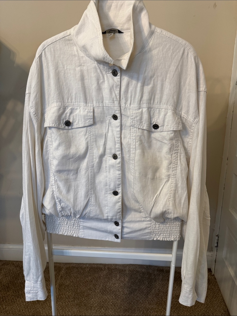 White Women's Button-Front Jean Jacket with Elastic Hem